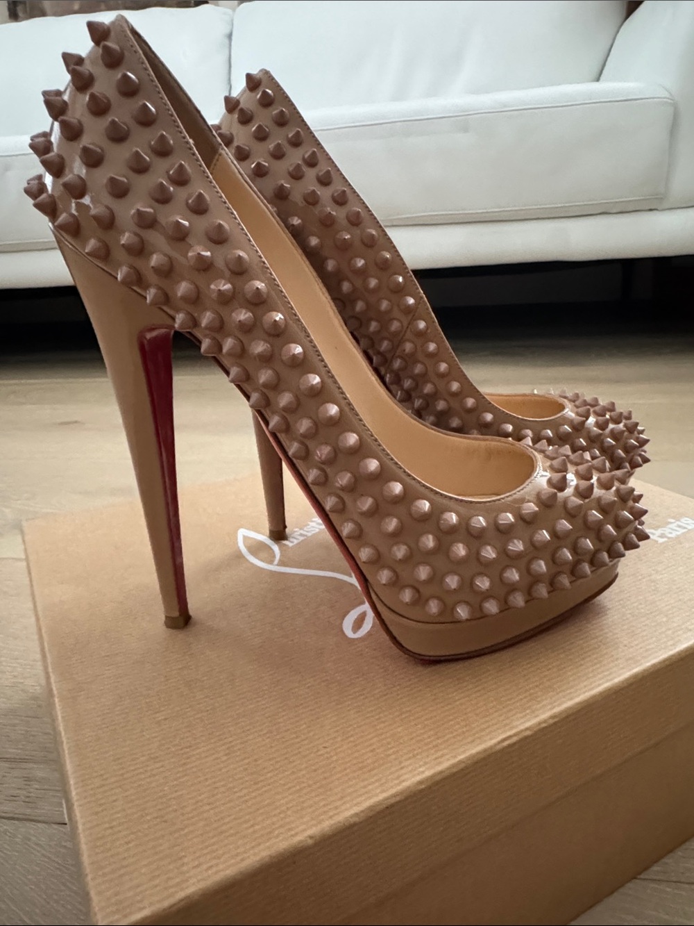 Christian Louboutin Alti Spikes Nude Studded High Heel Pumps